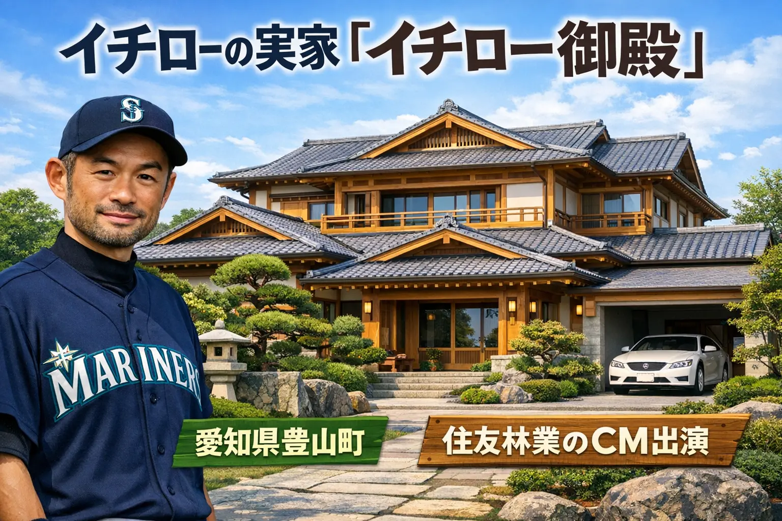 豪邸（通称「イチロー御殿」）と言われる理由：住所特定はせず事実だけ整理 ネット上ではイチロー選手の実家が「豪邸」「イチロー御殿」と呼ばれることがあります。ただし詳細住所は公表されておらず、本記事では町名までの確実情報に限定します。規模や仕様の“数字情報”は裏取りが難しいため断定せず、事実として確認できる情報（住友林業のCM出演など）と切り分けて整理します。 H3 「豪邸」「御殿」が検索される背景（成功者のルーツ／贈り物ストーリー） イチロー選手がメジャーリーグへ移籍した直後、日本のご両親へ感謝の印として邸宅を贈ったというエピソードが広く知られました。この「親孝行な贈り物」という感動的なストーリーが、実家の規模に対する人々の関心（御殿という俗称）に繋がっています。 H3 規模・仕様の数字は“噂枠”で扱う（断定しない） 一部のメディアやブログ等では「14LDK」「ヒノキを4,000本使用」といった具体的なスペックが語られることがあります。しかし、これらは建築主や施工会社から公式に発表されたものではありません。そのため、あくまで「木の質感にこだわった大規模な邸宅である」というイメージの広がり（噂）として捉えるのが適切です。 H3 住所は非公開、町名までで止める（ポリシー宣言） 成功者の住まいへの関心は理解できますが、実家はあくまでプライベートな居住空間です。本記事では、ファンとしてのマナーおよび居住者のプライバシーを最優先し、所在地については公表されている「豊山町」までの記述に留め、詳細住所の特定は行いません。